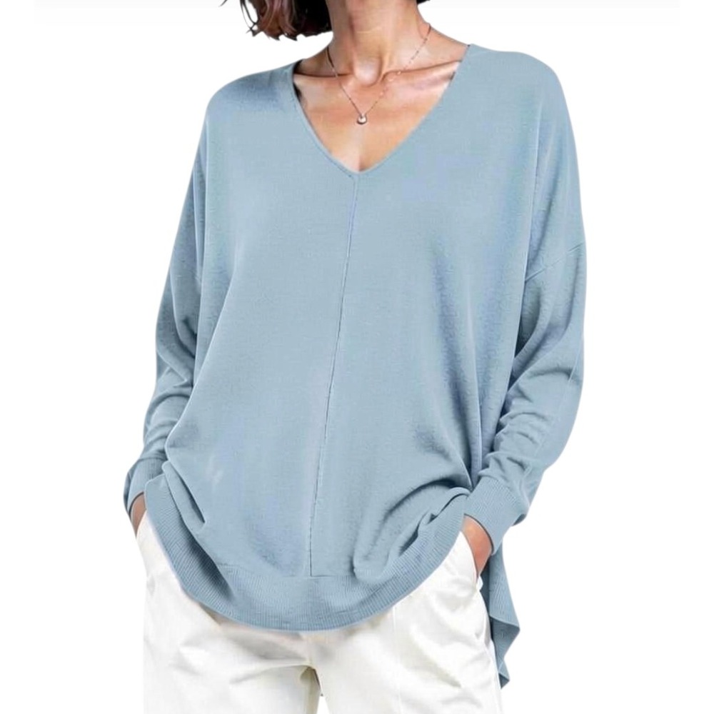 DREAMERS Blue V-Neck Sweater HIGH-LOW SPLIT HEM Soft Lightweight Top SZ M/L